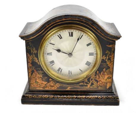 A black lacquered chinoiserie mantel clock with Roman numerals and French movement.&nbsp;Additional InformationLosses to the 