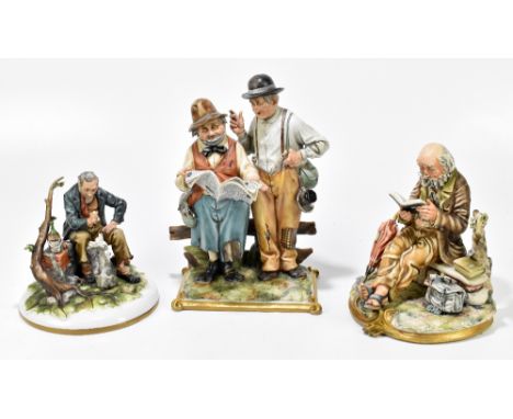 CAPODIMONTE; a collection of three figure groups including an example representing two elderly gentleman reading a newspaper,