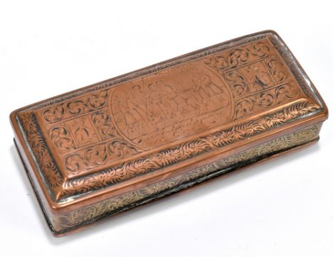 A Georgian copper and brass snuff box with engraved detail of figures and indistinct text flanked by scrolling decoration, wi