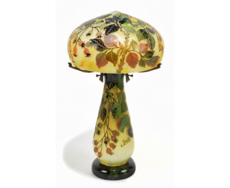 AFTER GALLE; a cameo glass mushroom lamp and shade, with floral decoration, height 37cm.  