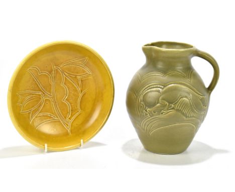 SUSIE COOPER; an Art Deco jug with incised detail, representing a gazelle on a celadon ground, signed and dated 1932 to the u