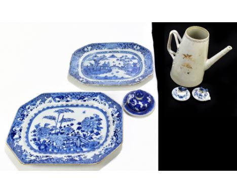 A mixed lot of 18th century and later Chinese porcelain with two blue and white meat plates including an example decorated wi