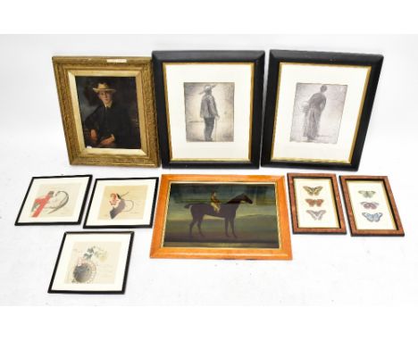 A 19th century style reverse printed glass picture of Hambletonian, 37 x 52cm, with two hand coloured French prints of butter