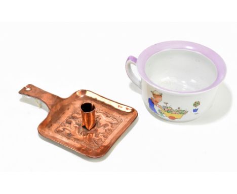 MABEL LUCIE ATTWELL FOR SHELLEY; a children's potty decorated with children and imps, width 18cm, an Arts &amp; Crafts copper