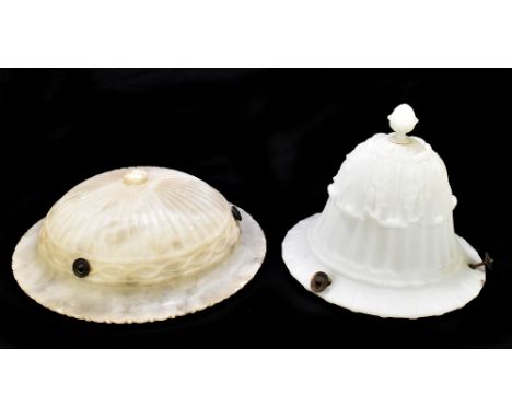 An alabaster plafonnier, diameter 36cm, and a frosted glass ceiling light (2).