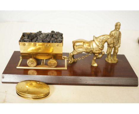 Coal mining brass figure together with victorian brass miners snuff box 