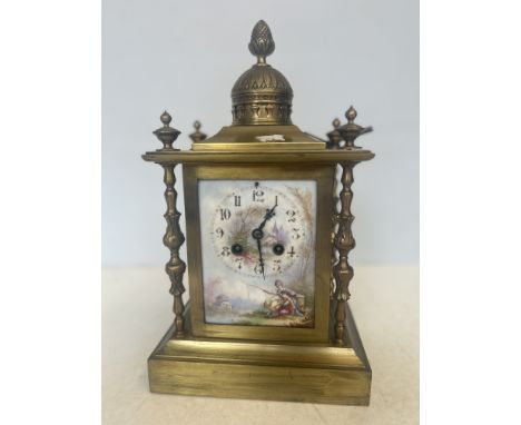 Brass mantle clock with hand painted ceramic dial Height 36 cm 
