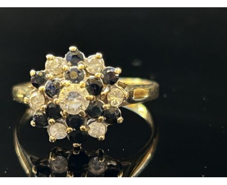 9ct Gold cluster ring set with sapphires & cz stones Size Q 2.2g 