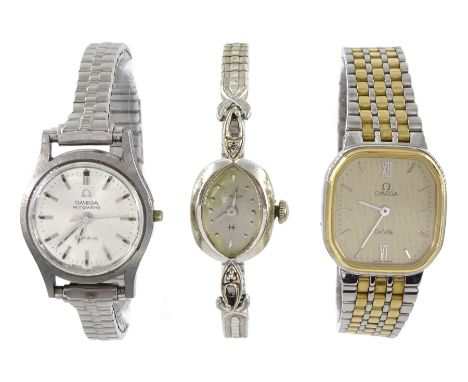 Omega De Ville ladies stainless steel and gold-plated quartz bracelet wristwatch, Ref. 1387, Omega Geneve ladies automatic wr