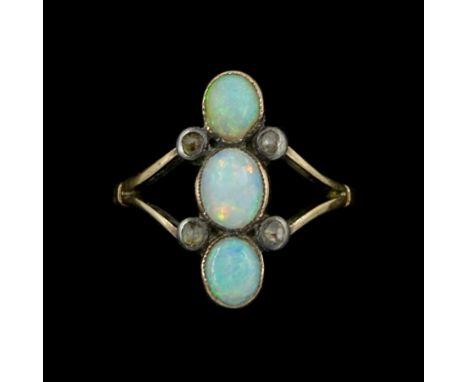 Early 20th century gold three stone opal and four stone diamond ringCondition Report:Approx 2.35gm, size I-J, head length = 1