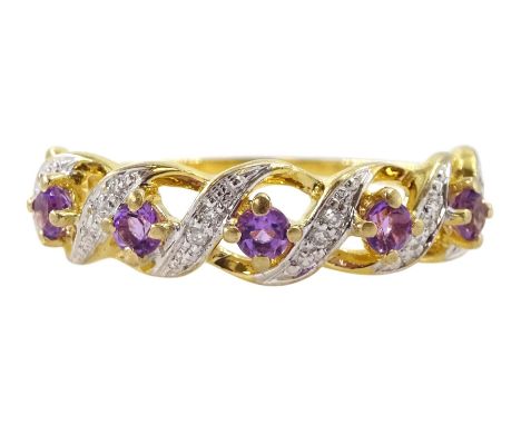9ct gold five stone amethyst and diamond cross over ring, hallmarkedCondition Report:Approx 2.15gm, size R-S