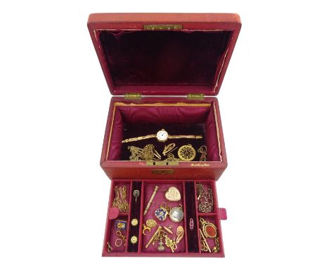 Victorian and later jewellery including gilt fobs, purse pendant, heart pendant, necklaces and propelling pencils, 9ct gold l