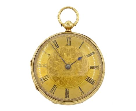 Victorian 18ct gold open face fob watch by Henry Rust, Hull, No. 97337, gilt dial with Roman numerals, engraved balance cock 