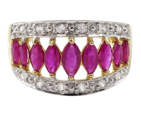9ct gold marquise shaped ruby and diamond ring, hallmarked Condition Report:Approx 3gm, size O, max depth = 12mm