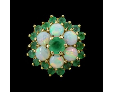 9ct gold opal and emerald cluster ring, hallmarkedCondition Report:Approx 4.1gm, size L-M, head diameter = 16mm