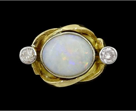 14ct gold three stone opal and round brilliant cut diamond ring, hallmarkedCondition Report:Approx 5gm, size T, max depth = 1