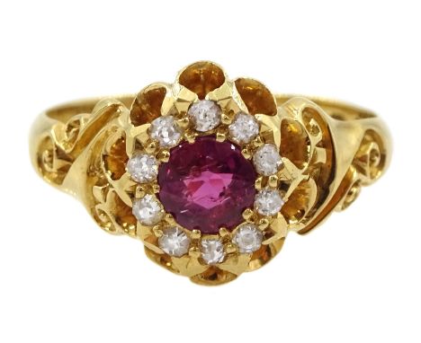 Edwardian 18ct gold round cut ruby and diamond cluster ring, Birmingham 1905, in J.W.Benson London boxCondition Report:Approx