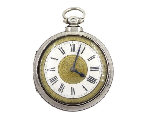 Victorian silver pair cased verge fusee pocket watch by J C Heselton, Beverley, No. 11879, white enamel and gilt dial with Ro