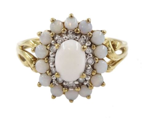 9ct gold opal and diamond cluster ring, hallmarkedCondition Report:Approx 2.95gm, size T, head = 17mm x 13mm