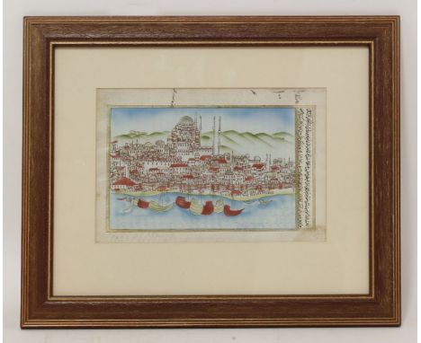 A MANUSCRIPT LEAF:Middle Eastern harbour view with a Mosque (coloured),and with Arabic/Persian writing to verso, c.1880