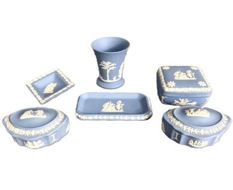 A collection of Wedgewood jasperware, along with a glass tray and other glass, candlesticks, box, bowl, (A Lot).&nbsp;