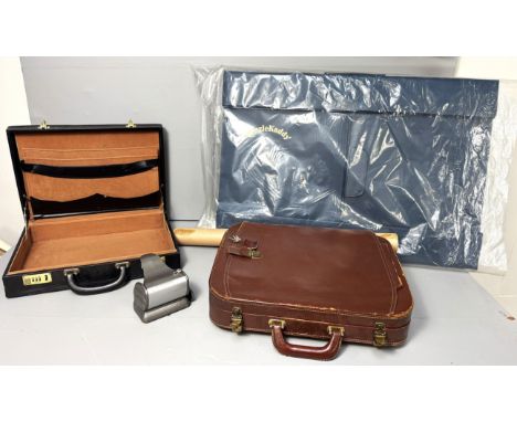A vintage briefcase, along with another case, a hole punch,&nbsp; 1925 newspaper, Puzzlekaddy, (A Lot)