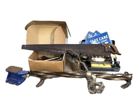 TOOLS, to include; vintage saw, spanners, pulley, (A Lot).&nbsp;