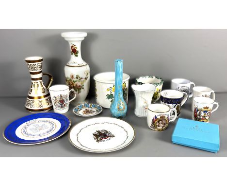 A milk glass vase with foliate painting, 30 cm, also German pottery pitcher, cache pot, royal memorabilia, (A Lot).