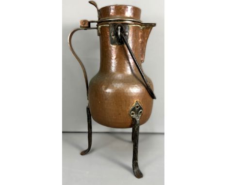 A 19th c. French coquemar, or kettle, with copper hinged lid and body, swing handle and tripod supports, 44 cm excluding hand