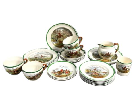 A Copeland Spode part dinner service with drawings from J F Herring depicting hunting, to include, milk jug 10 cm, cups, plat