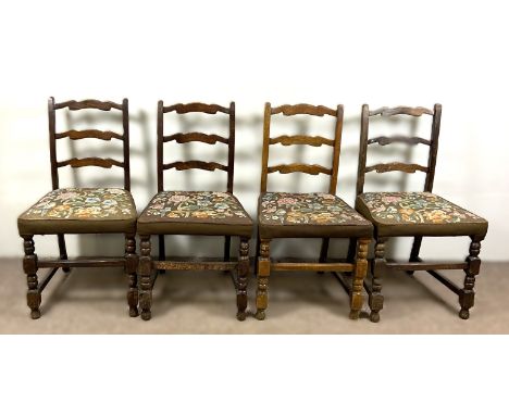 A set of four ladder back chairs with floral and bird upholstered seats, 90 x 50 x 45 cm.