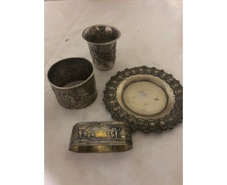 Art Nouveau silver napkin rings; together with a cup and tray