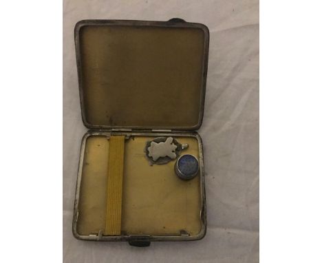 A HM silver cigarette case; together with a fob and thimble