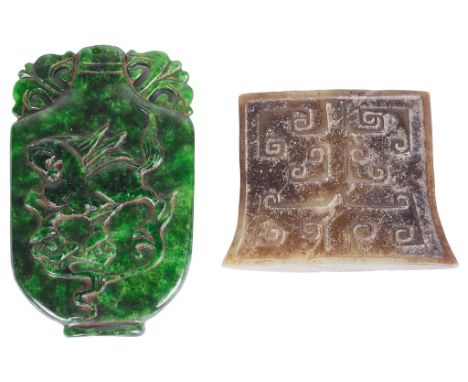 Two Chinese Jade Carvings: One archaistic in axe head shape with cloud motifs, 5cm x 6cm; the other a snuff bottle with auspi