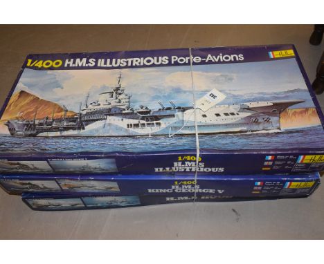 Heller model constructor kits, 1:400 scale, Battleships, to include: The HMS Hood, HMS Illustrious; and HMS King George V.  (