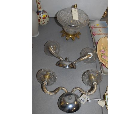 A pair of cut-glass two stem electric light wall brackets, and a brass and cut-glass lamp shade with electric light fitting.
