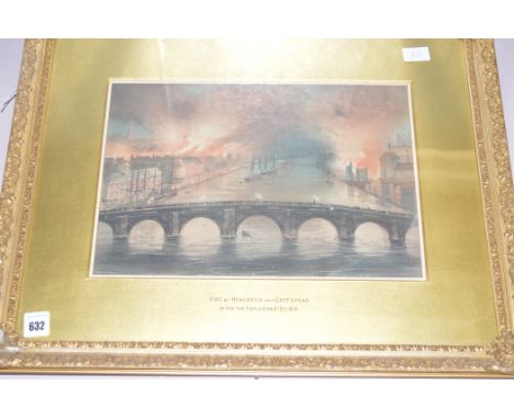 A lithograph, by T. Hardy - "The Great Fire at Newcastle on Tyne & Gateshead, after the explosion 6th October, 1854", inscrip
