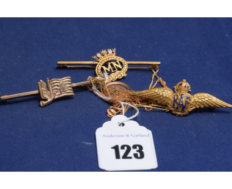A 9ct yellow gold Royal Air Force brooch with blue and red enamel decoration; and two other 9ct yellow gold brooches; a 9ct y