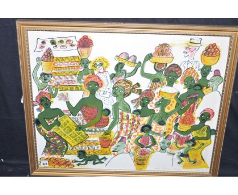 A colour lithograph, by Polly Binder - "West African Market", signed and inscribed.