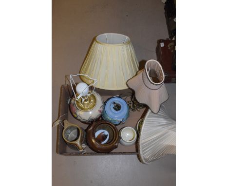 Two ceramic table lamps; a brass table lamp, all with shades; Hillstonia Stick pattern ceramic jug; a salt glazed ware storag