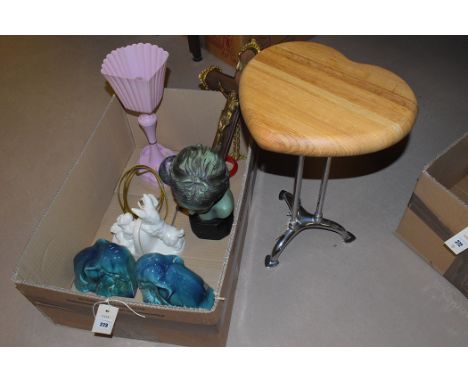 A modern chromed metal stool with solid oak heart-shaped seat; 1950's dressing table lamp in black plastic; a crucifix; two p