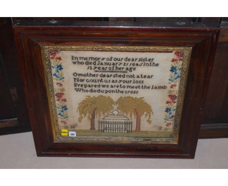 A 19th Century woolwork sampler 'In memory of my dear sister who died January 21st 1845, in the twelfth of her age', in rosew