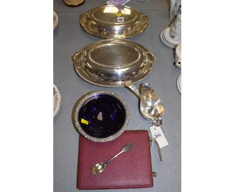 Silver plated ware to include: two tureens; a sauce boat; miniature ladle; bowl with blue glass liner; a spoon; and a set of 