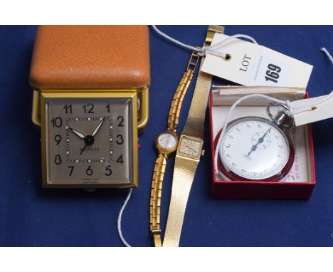 Ladies gold plated wrist watches by Accurist and Lacorda; together with a Smith's stop watch and a Westclox travelling clock.