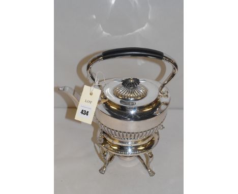 A silver plated spirit kettle on stand by Martin Hall & Co., ebony handle and finial, No.3511.