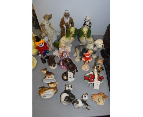 Lomonosov ornaments, to include: an otter with a fish; two pandas; a Murano clown; Continental figures; Nao figure of a girl 