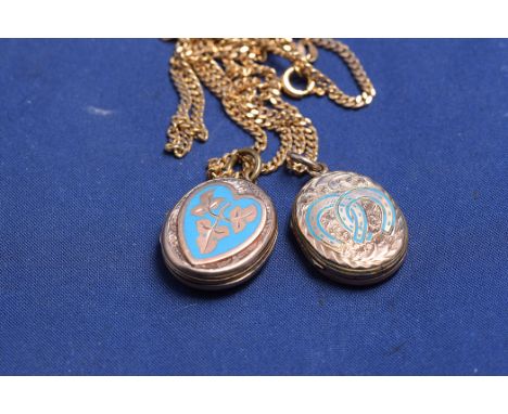 A 9ct yellow gold fine link chain and two yellow metal lockets with blue enamel decoration and engraved floral designs (unhal