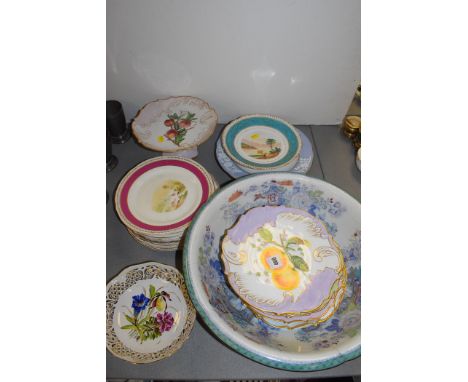 Six hand-painted cabinet plates by P. Carr, signed and dated 1907, depicting fruit; and a matching compote; other cabinet pla