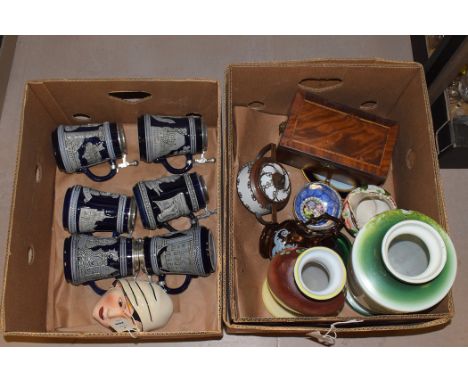 A collection of six ceramic beer steins with metal hinged covers; two Victorian glass painted vases; various decorative ceram