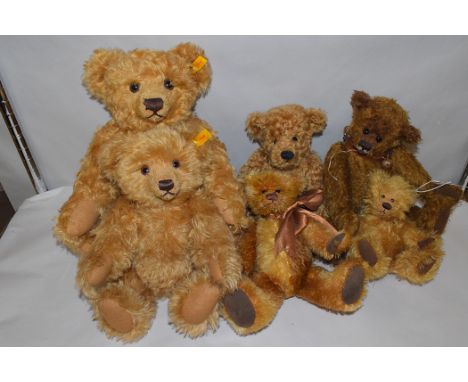 Teddy bears to include two Steiff mohair bears no. 004445 and no. 004421; a Merrythought mohair growler bear and others by Ta